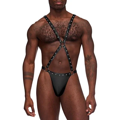male power black studded wet look harness thong l xl black
