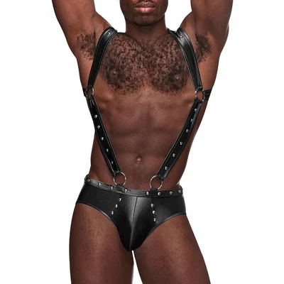 male power black studded wet look harness jockstrap l xl black