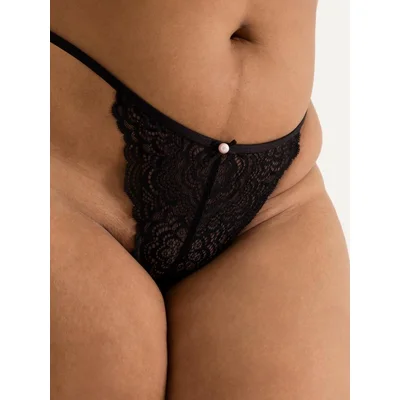 lovehoney plus size satin romance black lace pearl thong one size queen black