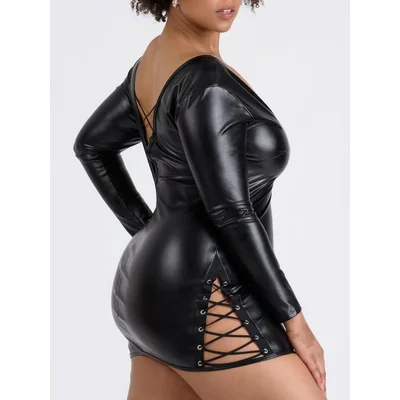 lovehoney plus size fierce leather look lace up black long sleeve dress 1x 2x black