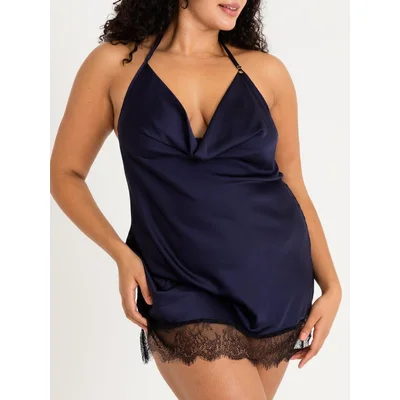 lovehoney plus size dark orchid navy satin and lace chemise 1x 2x blue