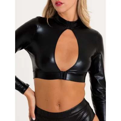 lovehoney fierce wet look long sleeve cut out crop top large black