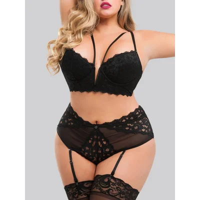 lovehoney plus size parisienne black lace plunge longline bra set 3x 4x black