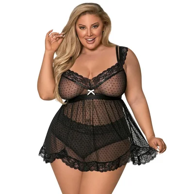 exposed plus size black lace and mesh cami set 1x 2x black