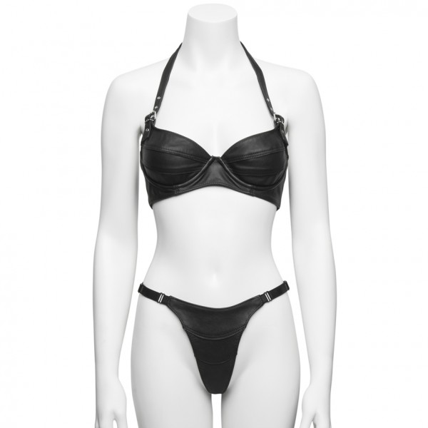 Black Leather Buckled Underwired Halterneck Bra — image 4 of 10