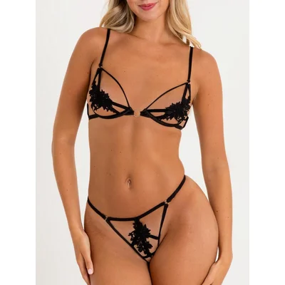 lovehoney divine romance black bra pearl g string set medium black