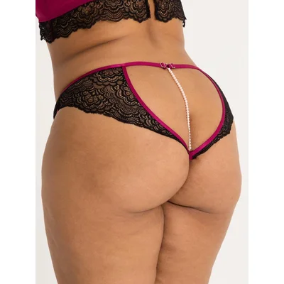 lovehoney plus size satin romance black open back pearl crotchless knickers one size queen black