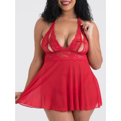 lovehoney plus size peek a boo red lace babydoll set one size curve red