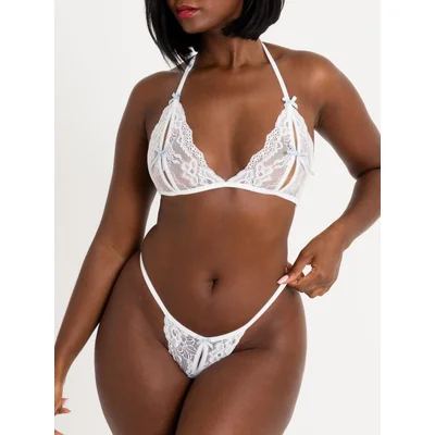 lovehoney peek a boo white lace bra and crotchless g string one size white