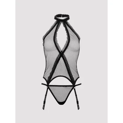 lovehoney plus size provocatease black fishnet and lace bustier set one size queen black