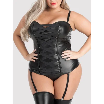 lovehoney plus size fierce leather look basque set 5x 6x black