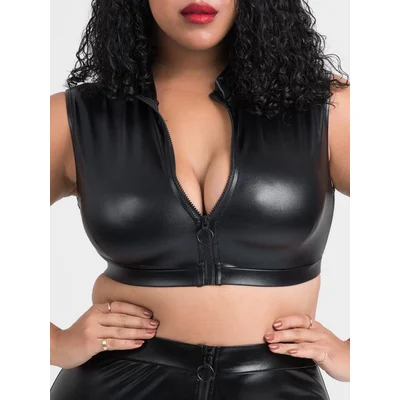 lovehoney plus size fierce black wet look zip up crop top 3x 4x black
