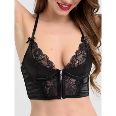 lovehoney front fastening black satin longline bra medium black