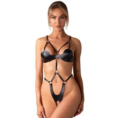 obsessive black dame faux leather buckle crotchless body one size black