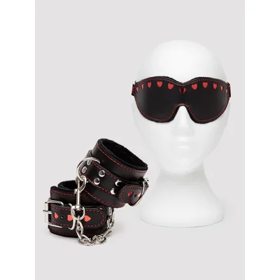bondage boutique heart blindfold and cuff set 2 pieces black