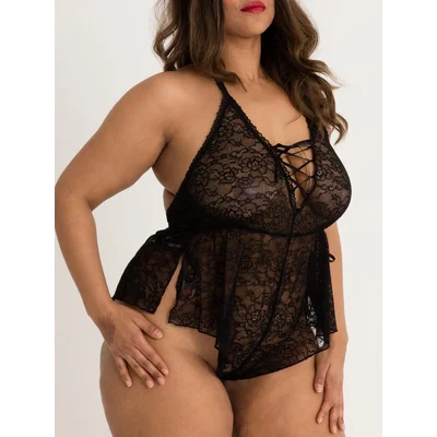 lovehoney plus size flirty lace black teddy one size queen black