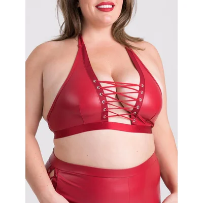 lovehoney plus size fierce leather look lace up red halterneck bra 1x 2x red