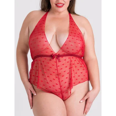 lovehoney plus size barely there red sheer hearts crotchless teddy one size queen red