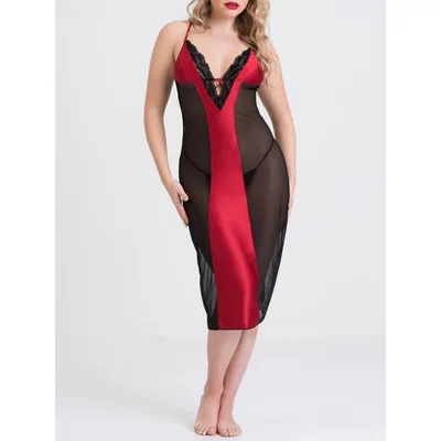 lovehoney empress red satin and mesh long slip medium red