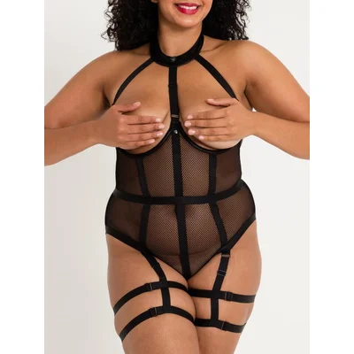 lovehoney plus size fierce siren fishnet and wet look open cup body one size queen black