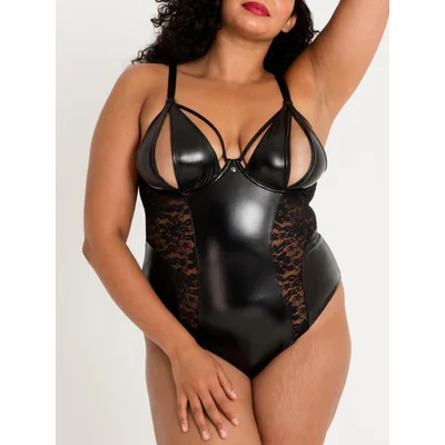 lovehoney plus size fierce muse wet look crotchless body 1x 2x black