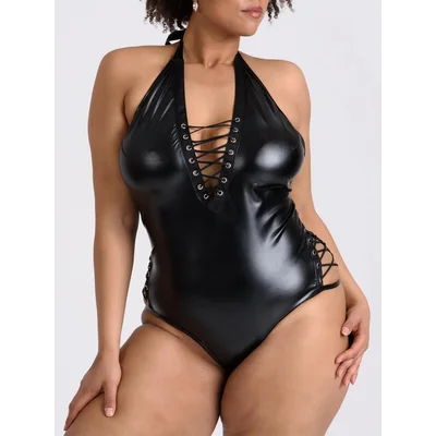 lovehoney plus size fierce leather look lace up body t 3x 4x black