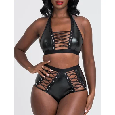 lovehoney fierce leather look lace up bra set t large black