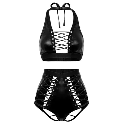 lovehoney fierce leather look lace up bra set t medium black