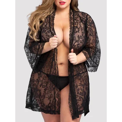lovehoney plus size flaunt me floral lace robe one size curve black
