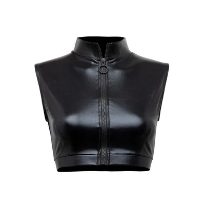 lovehoney fierce black wet look zip up crop top medium black