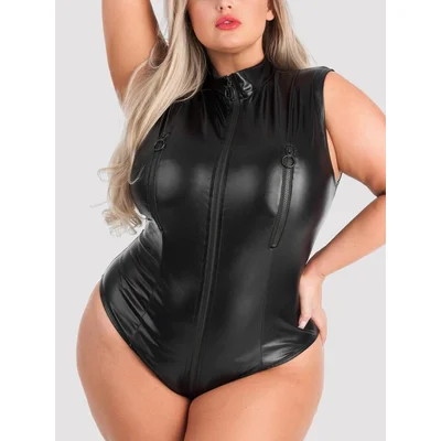 lovehoney plus size fierce wet look zip around peek a boo body 3x 4x black