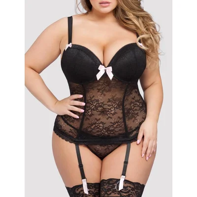 lovehoney plus size black lace push up basque set 3x 4x black