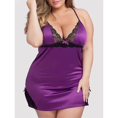 lovehoney plus size satin and lace chemise set plum 3x 4x purple