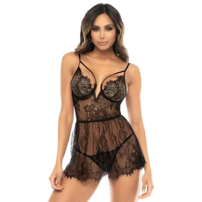 mapale black eyelash lace underwired babydoll set xl black