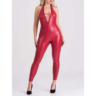 lovehoney fierce leather look lace up catsuit large red
