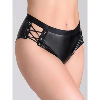 lovehoney fierce leather look lace up black crotchless open back knickers one size black