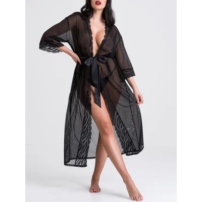 lovehoney plus size empress black mesh long robe one size queen black