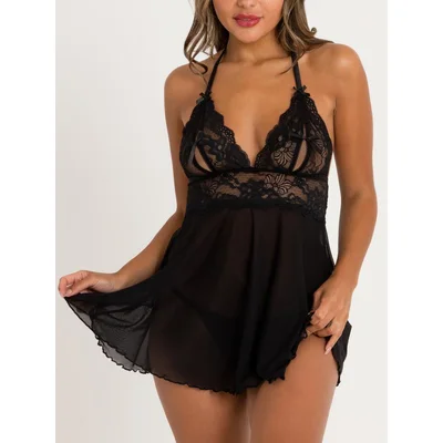 lovehoney peek a boo black lace babydoll set one size black