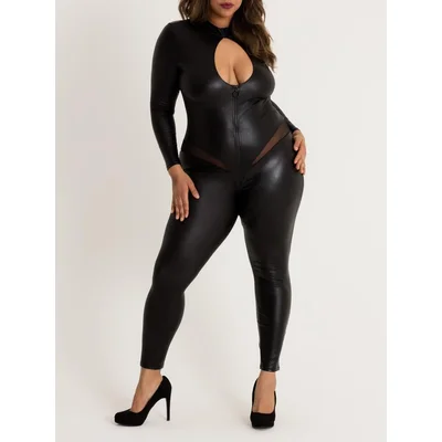 lovehoney plus size fierce wet look zip around cut out catsuit 5x 6x black