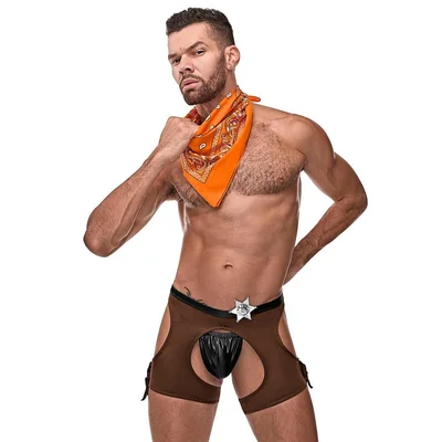 male power cocky cowboy costume l xl brown