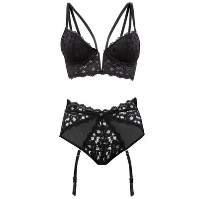 lovehoney parisienne black lace plunge longline bra set medium black