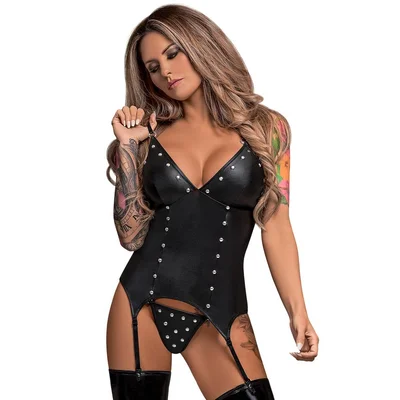 exposed lust basque and suspenders set l xl black