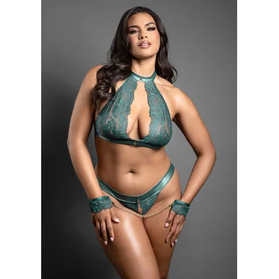 keyhole halter bralette open panty and handcuffs queen size