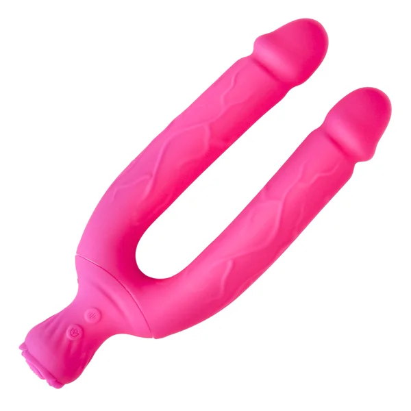 Bendy Silicone Double Dildo Vibrator with Clit Teaser - Fulfill DP Fantasies or Buzz Your Clit with the Vibrating Handle! — image 9 of 11