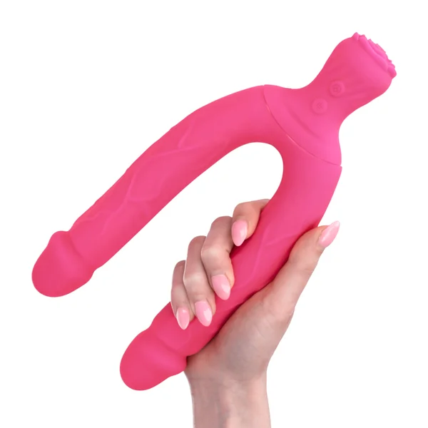 Bendy Silicone Double Dildo Vibrator with Clit Teaser - Fulfill DP Fantasies or Buzz Your Clit with the Vibrating Handle! — image 3 of 11