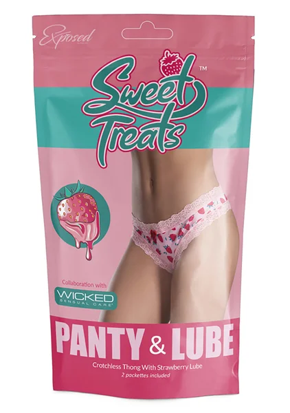 Sweet Treats Crotchless Thong with Lube - Strawberry - Queen Size — image 3 of 3