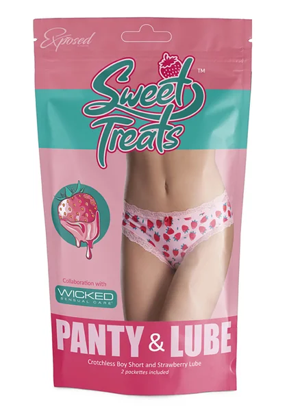 Sweet Treats Crotchless Boy Short with Lube - Strawberry - Queen Size — image 3 of 3