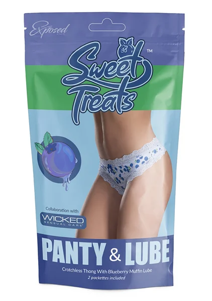 Sweet Treats Crotchless Thong with Lube - Blueberry - Queen Size — image 3 of 3