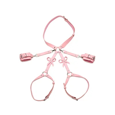 strict bowtiful pink bondage harness with wrist cuffs