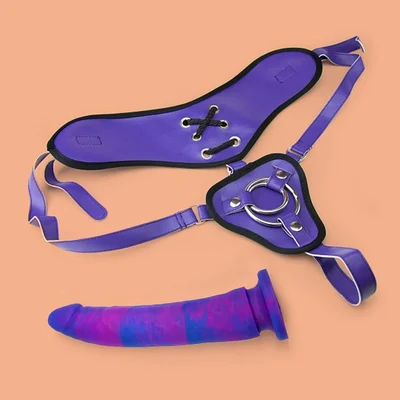 wide back vegan harness and 8 silicone dildo set